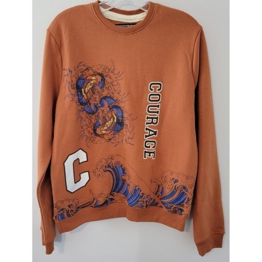 Blind Rooster Sweatshirt Men's S Orange Long Sleeve Crewneck Courage Waves Koi